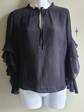 Club Monaco Black Plissé Tiered Ruffle Sleeve Blouse - Size Small
